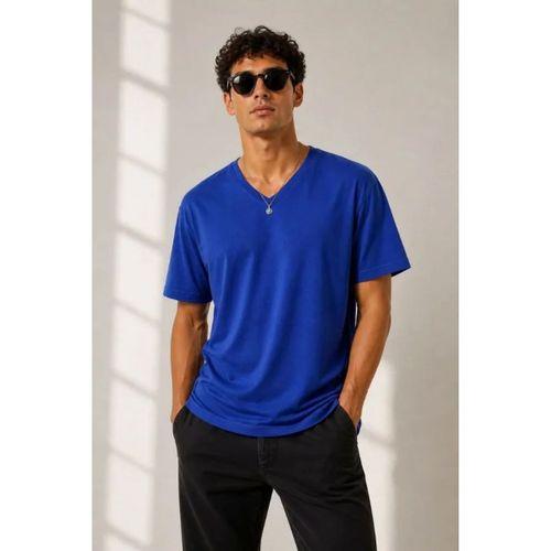 Erkek V Yaka Basic Tişört Kısa Kol Yazlık Regular Fit T-Shirt - Saks Mavisi