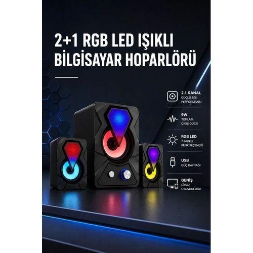 2+1 Rgb Led Işıklı Güçlü Bas Sistemli Bilgisayar Hoparlörü