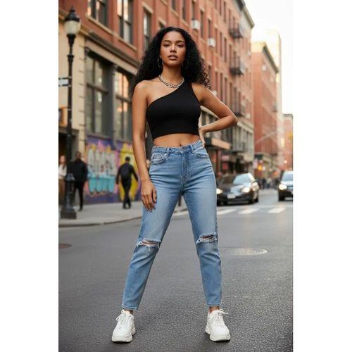 Kadın Siyah Fit Görünümlü Tek Omuz Crop Top Büstiyer