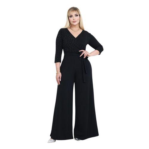 Melsay Butik Modal Kruvaze Yaka Siyah Taş Baskılı Büyük Beden Tulum