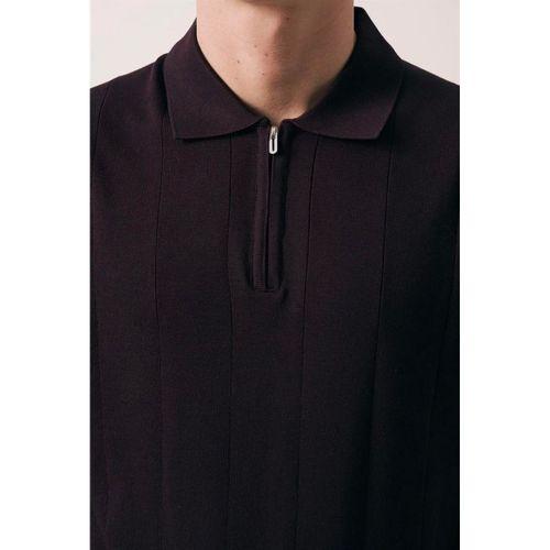Ritchie Fermuarlı Polo Yaka Dikey Çizgili Kısa Kollu İnce Triko Erkek T-Shirt - Bordo