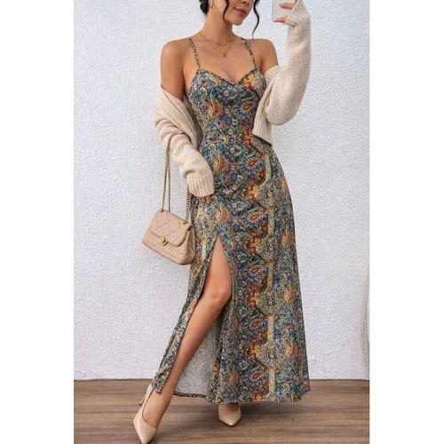 Kadın Ip Askılı Arkadan çapraz Kesim Detaylı Uzun Desenli Süprem Elbise