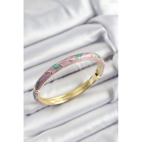 Mineli Pirinç Pembe Ve Yeşil Yaprak Motifli Gold Renk Kadın Kelepçe