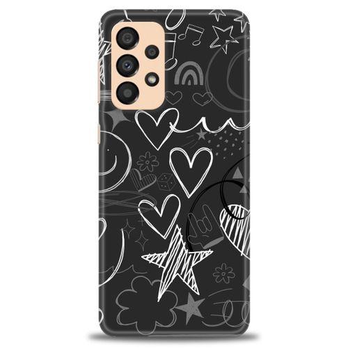 Samsung Galaxy A33 5G Kılıf HD Baskılı Kılıf - Siyah Kalp ve Notalar + Tam Ekran Koruyucu
