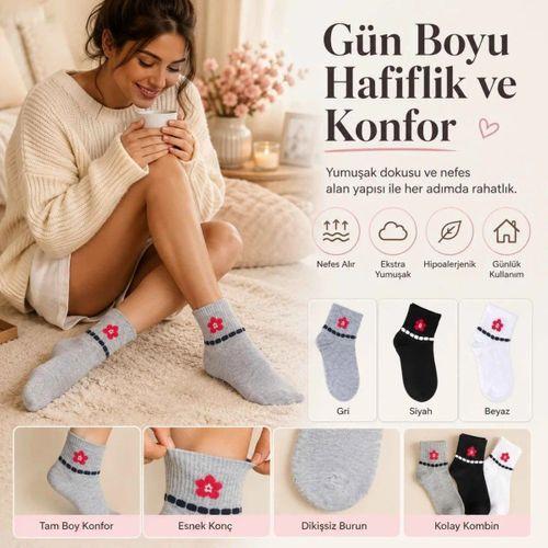 Kadın Çiçek Desenli Kısa Konç Çorap 6'lı | %80 Pamuklu Dikişsiz, Siyah Beyaz Gri