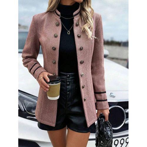 Kadın Uzun Kollu Hakim Yaka Düğme Detaylı Mini Dokuma Ceket