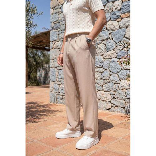 Baruchel Pileli Baggy Kalıp Kumaş Erkek Pantolon - Bej