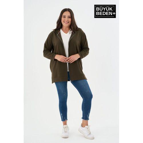 Kadın Tunik Büyük Beden Fermuarlı Kapşonlu Sweat Hırka SPR26BTK955