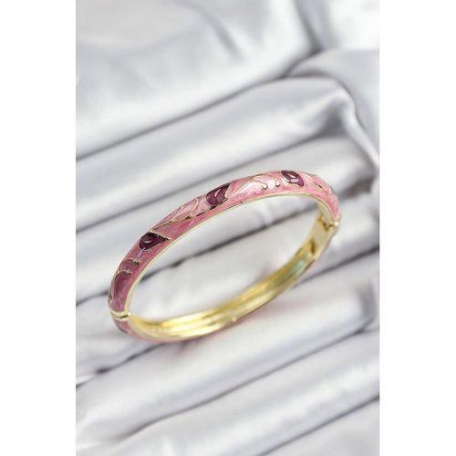 Mineli Pirinç Pembe Ve Fuşya Yaprak Motifli Gold Renk Kadın Kelepçe