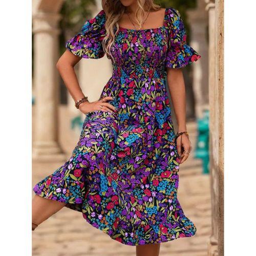 Kadın Kısa Kollu Kare Yakalı Beli Lastikli çiçek Desenli Mini Süprem Elbise