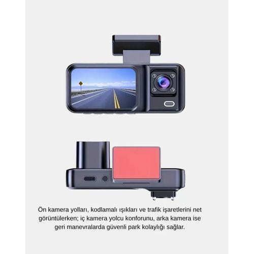 Üç Kameralı Dash Cam 170° Geniş Açılı Full Hd Gece Görüşlü