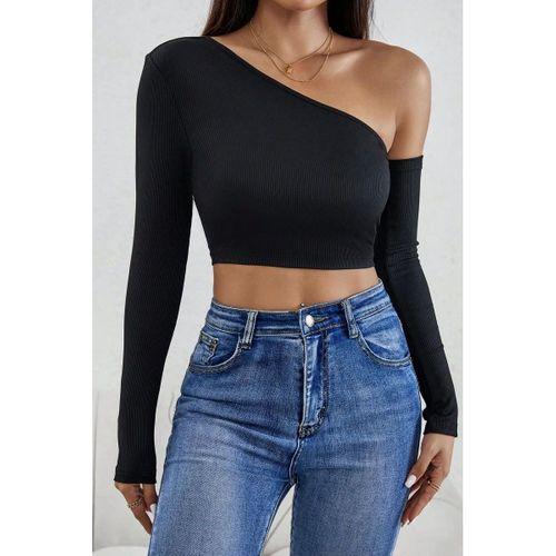 Kadın Siyah Modern Fit Tek Omuz Detaylı Uzun Kol Crop Top Bluz