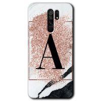 MRCİLETİSİM Xiaomi Redmi 9 Kılıf Baskılı Kapak - Pembe Mermer Desenli A Harfi + 5D Tam Kaplayan Cam