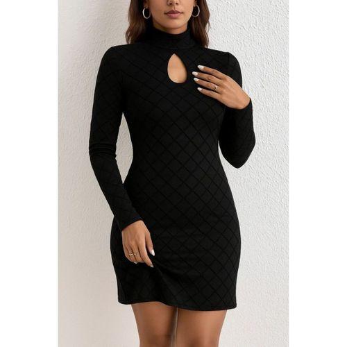 Kadın Uzun Kollu Damla Detay Flok Baskı Dalgıç Mini Elbise