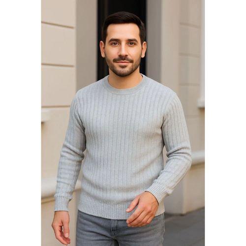 Erkek Bisiklet Yuvarlak Yaka Triko Kazak Pamuklu Kalın Fitilli Dokuma, Regular Fit Uzun Kollu Kışlık Model - Gri