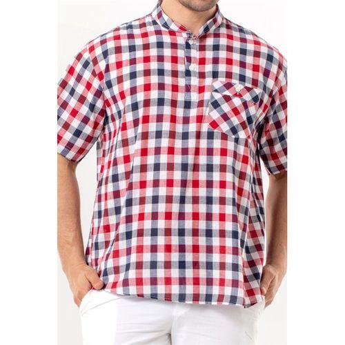 Kısa Kol Şile Bezi Tek Cepli Hakim Yaka Erkek Yazlık Tshirt Kırmızı Lacivert Kareli 3008