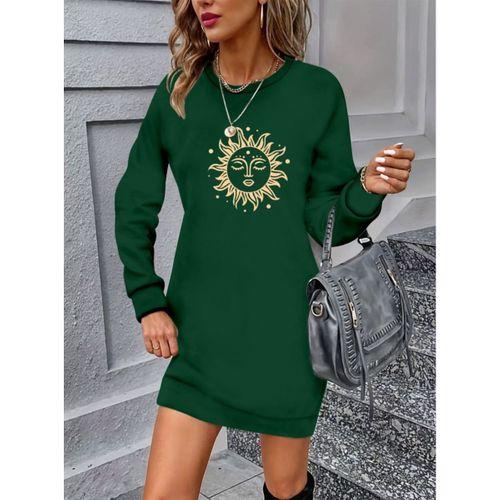 Kadın Uzun Kollu Bisiklet Yaka Güneş Desenli Viskon Iki Iplik Elbise