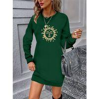 Kadın Uzun Kollu Bisiklet Yaka Güneş Desenli Viskon Iki Iplik Elbise