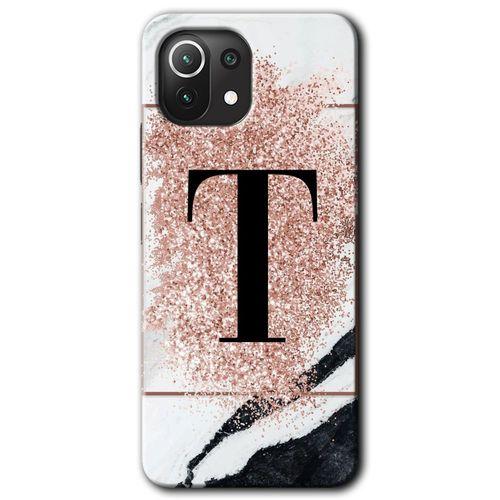 Xiaomi Mi 11 Lite Kılıf Baskılı Kapak - Pembe Mermer Desenli T Harfi + 5D Tam Kaplayan Cam