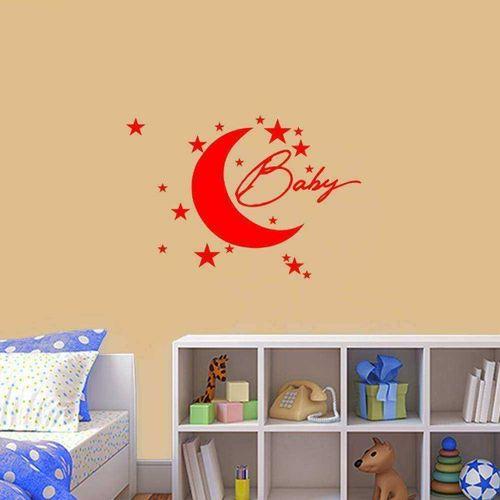 Ay Ve Yıldızlar Baby Yazılı Uyku Zamanı Temalı Silüet Dekoratif Çocuk Odası Duvar Sticker, Çıkartma Kırmızı