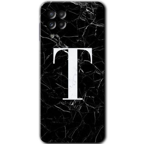 Samsung Galaxy M32 HD Baskılı Kılıf + 9D Tam Ekran Koruyucu - Siyah Mermer Desenli T Harfi