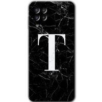 Samsung Galaxy M32 HD Baskılı Kılıf + 9D Tam Ekran Koruyucu - Siyah Mermer Desenli T Harfi