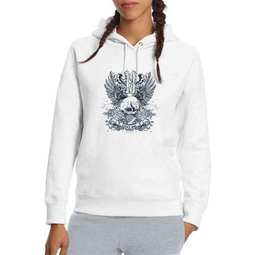 Kuru Kafa Beyaz Ve Mavi Kafatası Baskılı Beyaz Kadın Kapşonlu Sweatshirt