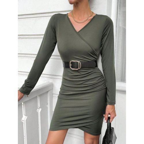 Kadın Uzun Kollu Kruvaze Yaka önden Pileli Sandy Kumaş Elbise (kemer Dahil Değil)