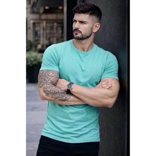 Erkek T-Shirt Bisiklet Yaka Slim Fit Dar Kesim Likralı Tişört Günlük Basic Body - Turkuvaz