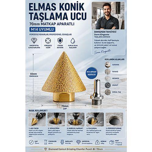 Mermer Granit Seramik İçin Elmas Konik Taşlama Pah Kırma Panç Ucu 70mm Matkap Aparatlı M14 Uyumlu 723575