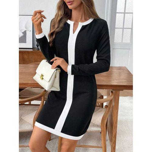 Kadın Uzun Kollu Yuvarlak V Yakalı şerit Detaylı Modal Mini Elbise