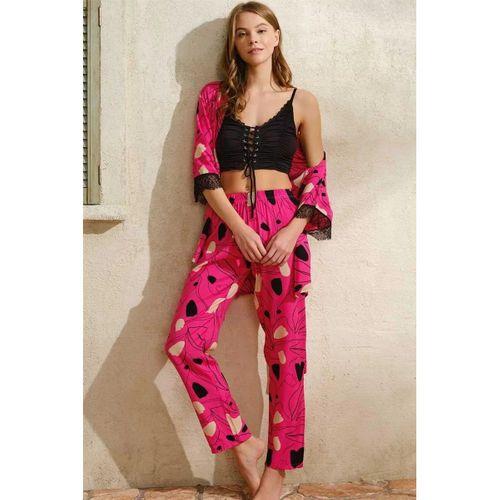 İp Askılı V Yaka Çiçek Desenli Yazlık Uzun İp Detaylı Pijama Altı Sabahlık Takımı