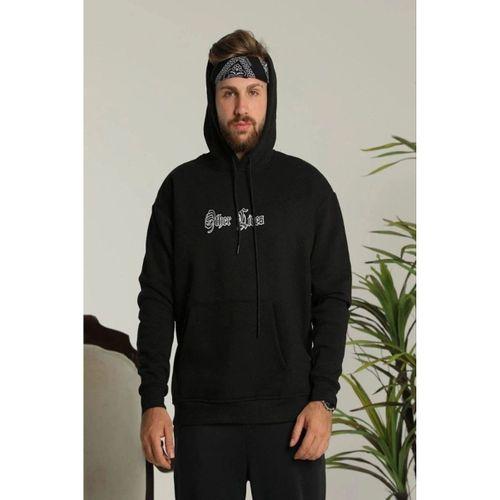 Erkek Kapşonlu Sweatshirt – Oversize Üç İplik Şardonlu Hoodie, “Other Lives” Ön - Arka Baskılı, Kanguru Cepli, Kışlık Rahat Günlük Stil - Siyah