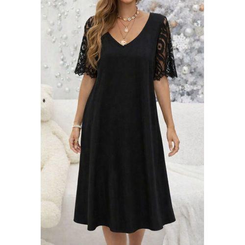 Kadın Kısa Dantel Kollu V Yakalı Midi Viskon Elbise