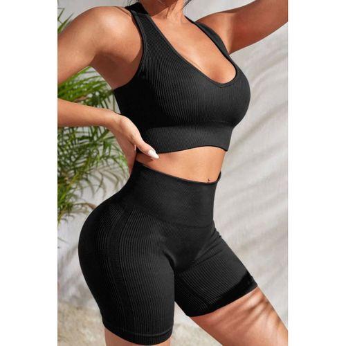 Kadın Siyah Fit Görünümlü Yüksek Bel Spor Crop Top Şort Takımı