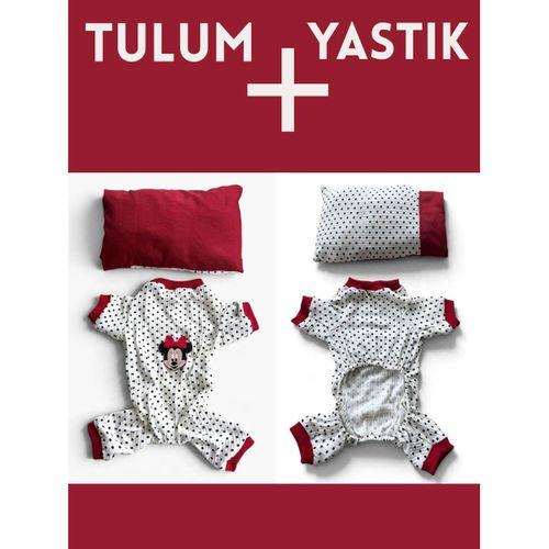 Polka Dot Rouge Minny Köpek Uyku Seti | Siyah Beyaz Puantiyeli Penye Köpek Tulumu ve Mini Yastık |2 Parça