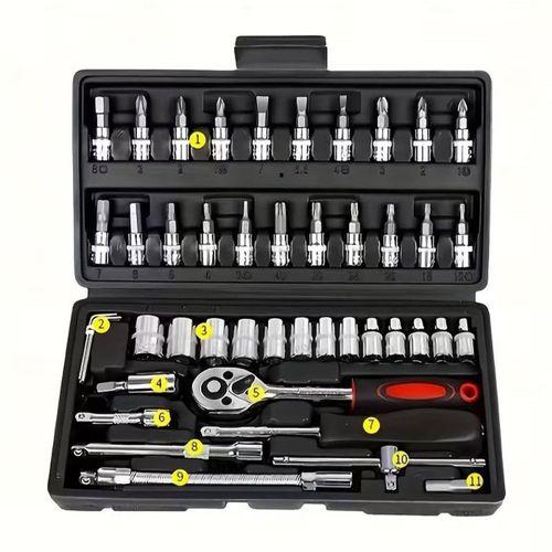 ZHLTOOLS 46 Parça Soket Seti, 1/4 inç Tahrik Cırcır Soket Anahtarı Sürücü Uçları Metrik Set