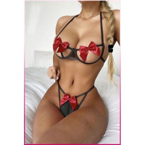 Siyah-kırmızı Göğüs Fiyonklu Balenli Sütyen Külot Takım