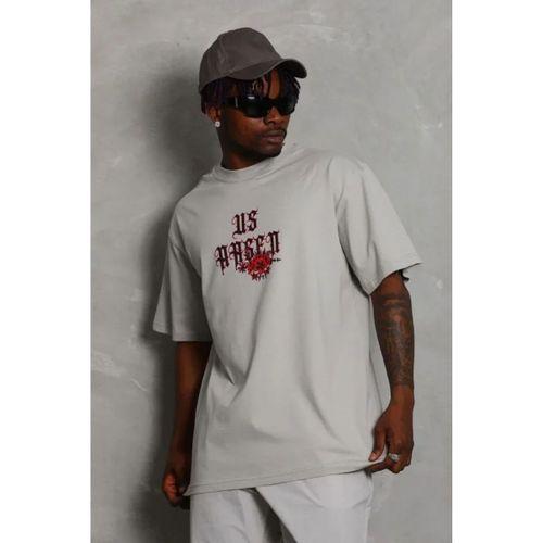 ERKEK Oversize Baskılı Bisiklet Yaka T-Shirt - Gri