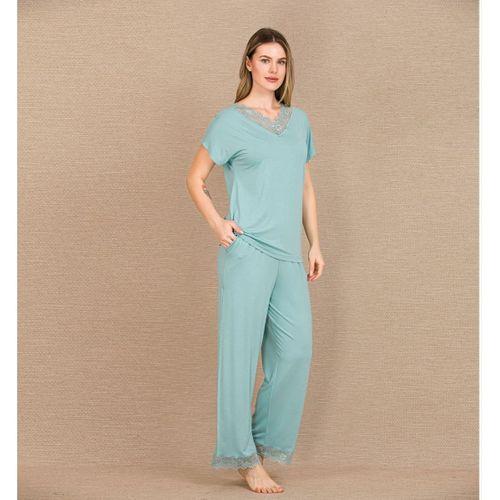 Viskon Şık Tasarım Dantel İşlemeli Mint Yeşil Kısa Kol Pijama Takımı