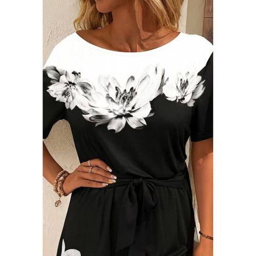 Kadın Tek Omuzu Açık çiçek Desenli Beli Kuşaklı Iki Iplik Mini Short Tulum