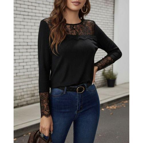 Kadın Uzun Kollu Bisiklet Yaka Dantel Detaylı Burgu Bluz