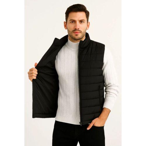 Erkek Şişme Fermuarlı Yelek Su Itici Kapitone Astarlı Kumaş Cepli Hafif Kışlık Spor Rahat Kalıp - Siyah