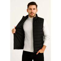 Erkek Şişme Fermuarlı Yelek Su Itici Kapitone Astarlı Kumaş Cepli Hafif Kışlık Spor Rahat Kalıp - Siyah