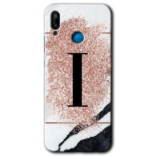 MRCİLETİSİM Huawei P20 Lite Kılıf Baskılı Kapak - Pembe Mermer Desenli I Harfi + 5D Tam Kaplayan Cam