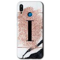 MRCİLETİSİM Huawei P20 Lite Kılıf Baskılı Kapak - Pembe Mermer Desenli I Harfi + 5D Tam Kaplayan Cam