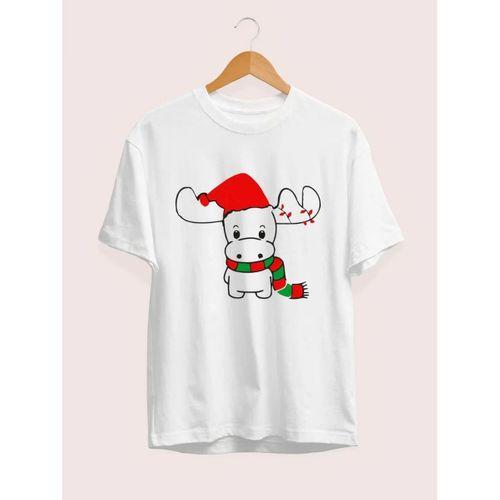 Yılbaşı Noel Ren Geyiği Baskılı Kısa Kollu Oversize Bisiklet Yaka T-shirt - Beyaz