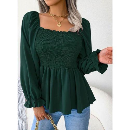 Kadın Uzun Kollu Geometrik Yakalı Gipe Detaylı Krep Bluz