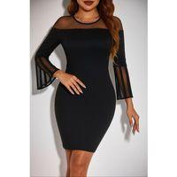 Kadın Uzun şeffaf şerit Kollu Madonna Yaka Vücudu Saran Dalgıç Kısa Elbise