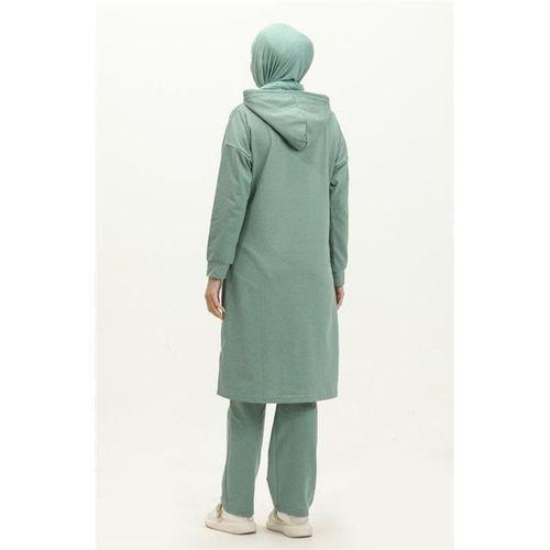 Kapşonlu Fermuarlı Yırtmaçlı Uzun Sweat Pantolon Spor İkili Takım - 03055.100 - Çağla Yeşili